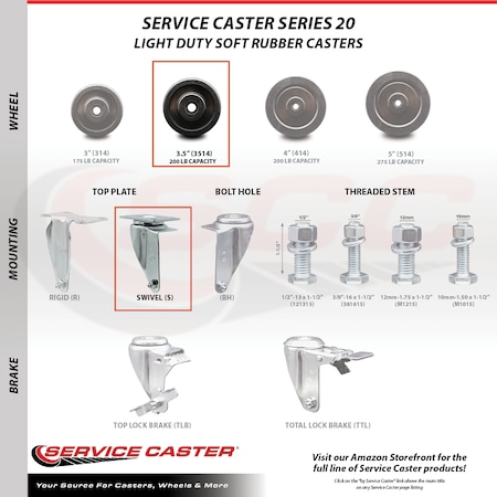 Service Caster 3.5 Inch Soft Rubber Wheel Swivel Top Plate Caster Set with 2 Rigid SCC SCC-20S3514-SRS-TP3-2-R-2